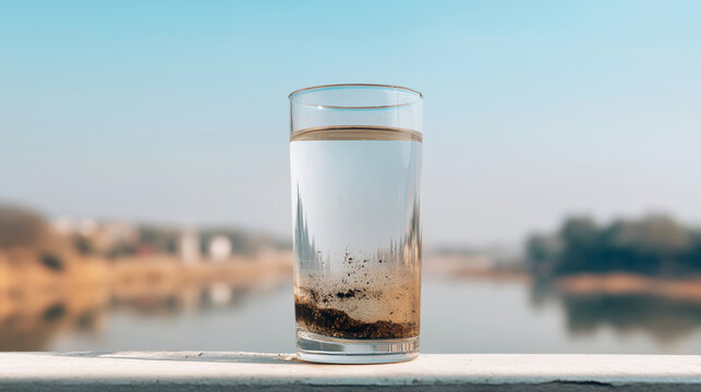 Glass of water showing severe contamination with dirt and sediment settling at the bottom, symbolizing water pollution and global health concerns