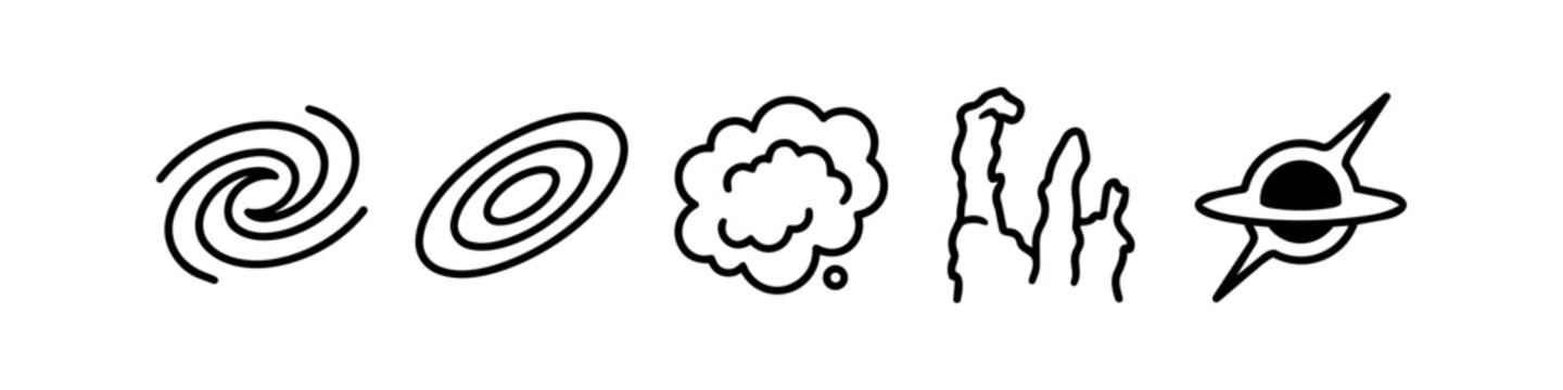 Deep space objects icons set with galaxies, nebula and black hole