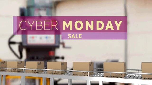 Animation of cyber monday text over cardboard boxes on conveyor belt in warehouse