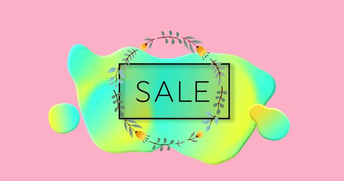 Animation of sale text in frame with glowing blob and flowers on pink background
