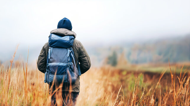 Person walking on an outdoor adventure, carrying a heavy backpack through golden field under an overcast, foggy sky
