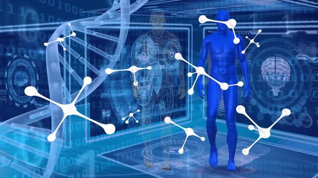 Animation of dna strand and medical data processing over blue background