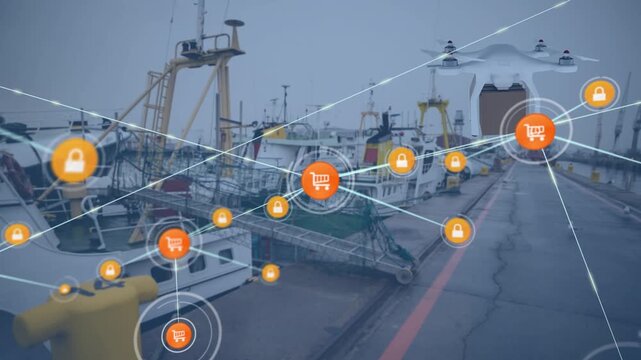 Animation of network of connections with icons and delivery drone over docks