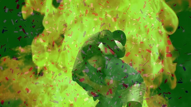 Animation of waving usa flag and flames over american football player