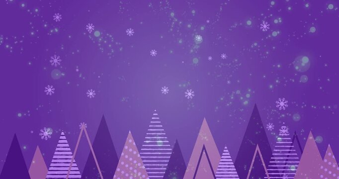 Animation of snow falling over trees on blue background