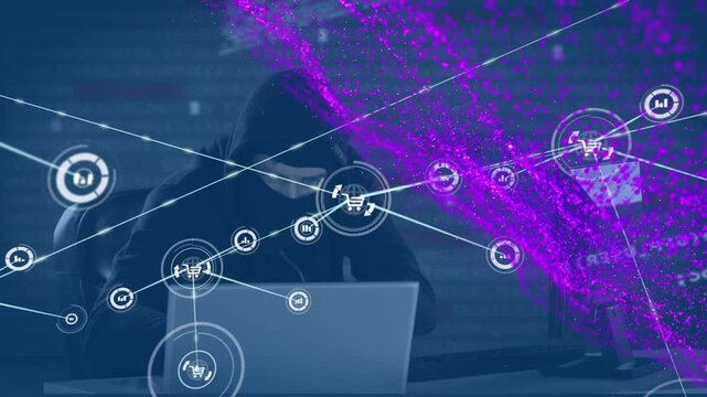 Animation of network of connections with icons over male caucasian hacker
