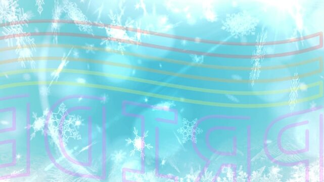 Animation of snow falling over pride text and rainbow flag