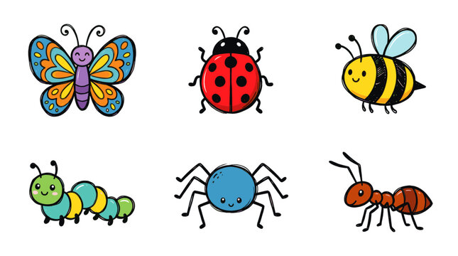Colorful doodle insect character set with cute cartoon bugs
