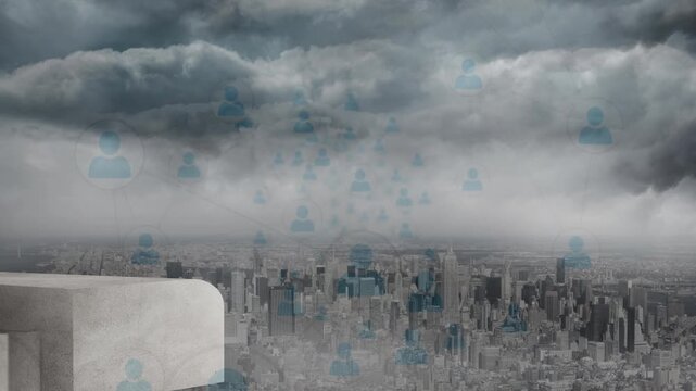 Animation of data processing with icons over cityscape