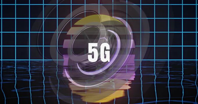 Animation of 5g text over moving shapes