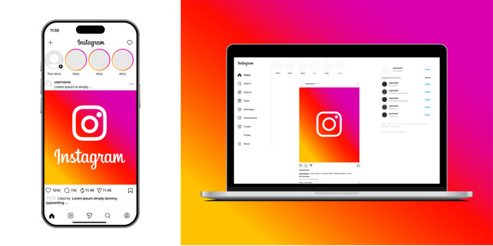 Instagram post UI mockup on mobile, laptop, desktop showing profile photo, username, timestamp, image/video, caption, likes, comments, share, save, reactions, tags, and interactive feed layout vec.