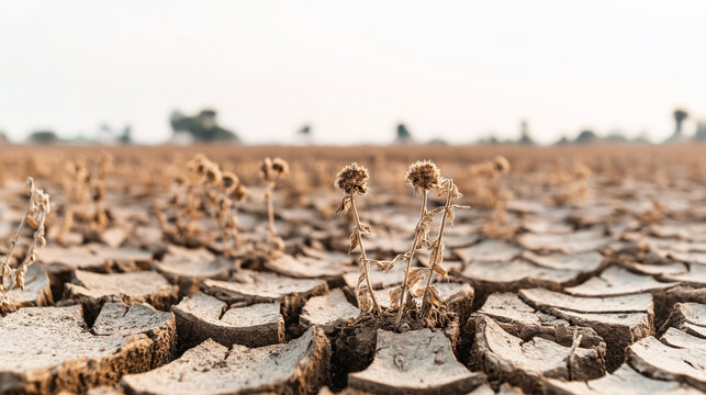 Cracked dry earth and withered plants resisting drought, symbolizing climate change impact and extreme weather conditions