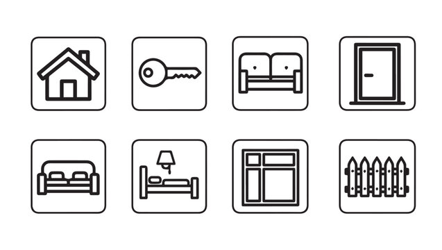 Home Icons Set: House Key Sofa Door Bed Window FenceLine Art