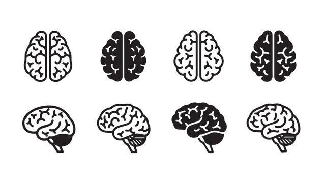 Human Brain Icons Set Front and Side Views Outline and Silhouette Styles