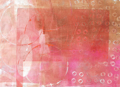 Abstract gelli print texture with pink, red, rose and light brown circles. Ideal for background, poster, branding, packaging, social media, editorial, wall art, website design