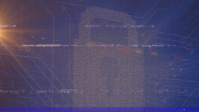Animation of 3d lock icon on glitch digital interface with light beams