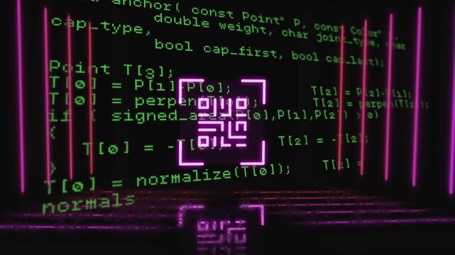 Unique digital video of qr code with computer coding in background
