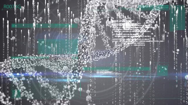 Animation of digital screen with molecules, data, dna and lights on black background