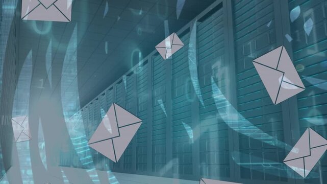 Animation of multiple message icons and binary coding over empty computer server room