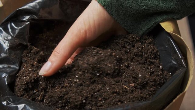 Hands Inspecting Potting Mix Quality Closely, Checking Texture And Moisture In Bag With Perlite Flecks, Indoor
