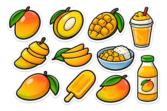 Assorted mango desserts and drinks with slices and illustrations.