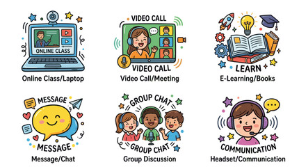 Naklejka premium Colorful doodle online learning and communication icon set