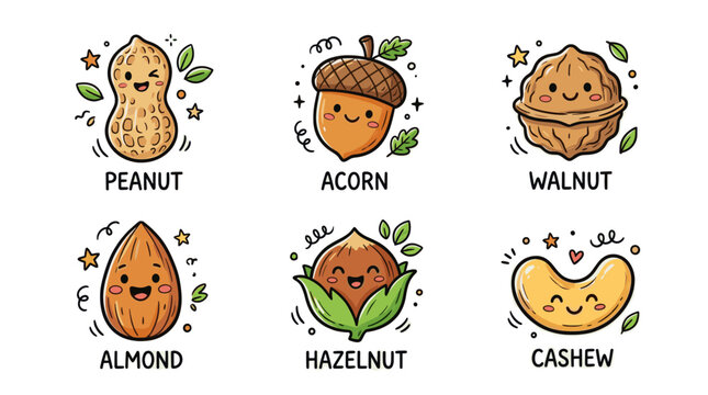 Colorful doodle nut collection with cute cartoon healthy snack icons