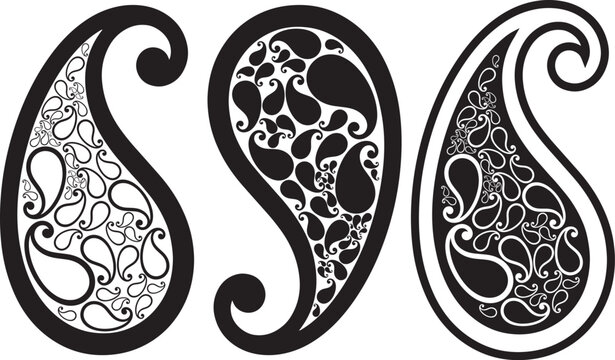 A set of three distinct paisley pattern designs in black and white vector art, showcasing intricate details and curves, perfect for textile or decorative use for boisakh alpona kolkha kalka