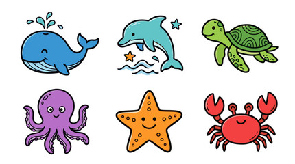 Obraz premium Colorful doodle sea animal set with cute cartoon ocean creatures