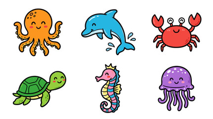 Obraz premium Colorful doodle sea animal set with cute cartoon ocean creatures