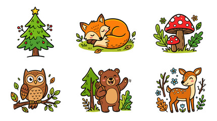 Obraz premium Colorful doodle forest nature icons with cute woodland elements