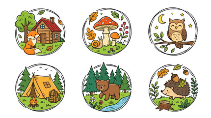 Fototapeta premium Colorful doodle forest nature icons with cute woodland elements