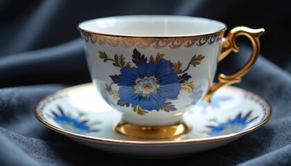 Fototapeta premium Elegant white porcelain teacup with blue floral pattern and gold trim. Detailed floral design on saucer. Classic tableware piece for tea time. Graceful antique cup and dish.