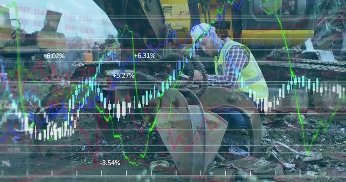 Animation of multiple graphs over caucasian workers checking vehicle in dumping ground