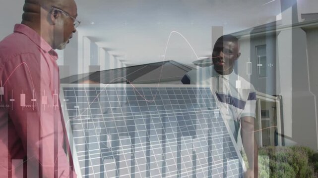Animation of data processing over african american man with adult son carrying solar panel