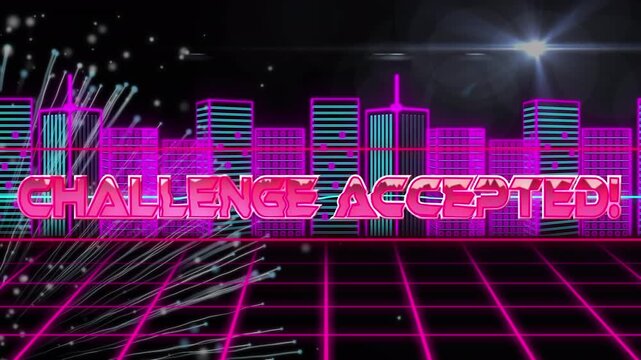 Animation of light trails and light spot over challenge accepted text against neon 3d city model