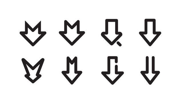 Set of eight down arrow icons with different styles outline vector graphics
