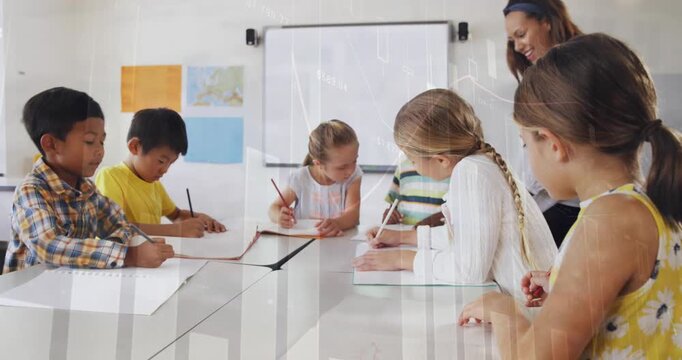 Animation of data processing over female teacher with diverse schoolchildren