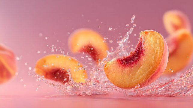 The image features several peach slices captured mid air as they splash into a liquid