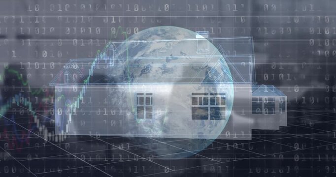 Animation of binary coding and stock market data processing over globe against 3d house model