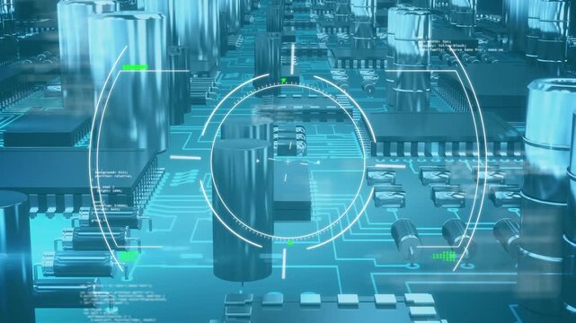Animation of scope scanning and data processing over computer circuit board on blue background