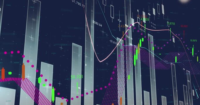 Animation of statistical and financial data processing against blue background