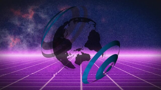 Animation glitch effect against round scanners on spinning globe over purple grid network