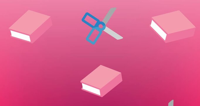 Animation of multiple books and scissors icons against copy space on pink gradient background