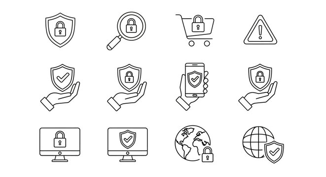 Essential conceptual line icons illustrating robust digital security, data protection, and online privacy measures for modern web and application interfaces
