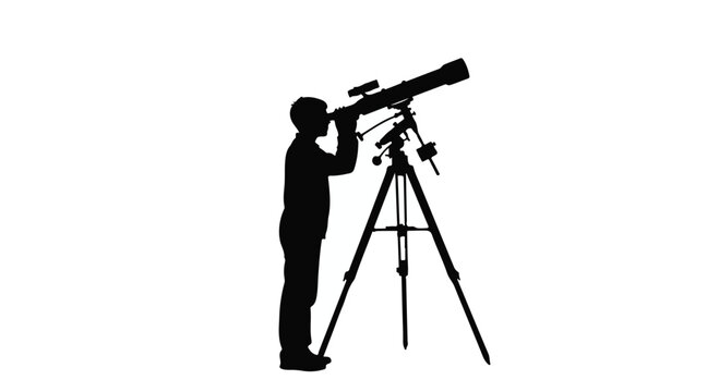 Man looking through telescope on tripod astronomy stargazing in night sky with celestial objects