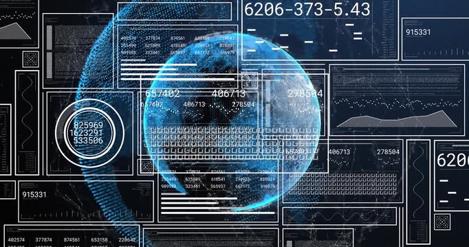Animation of changing numbers, graphs, bars and circles over connected dots around globe