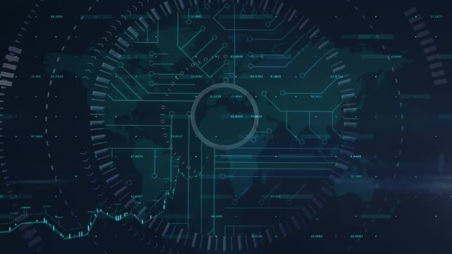 Animation of round scanner and data processing over world map against black background