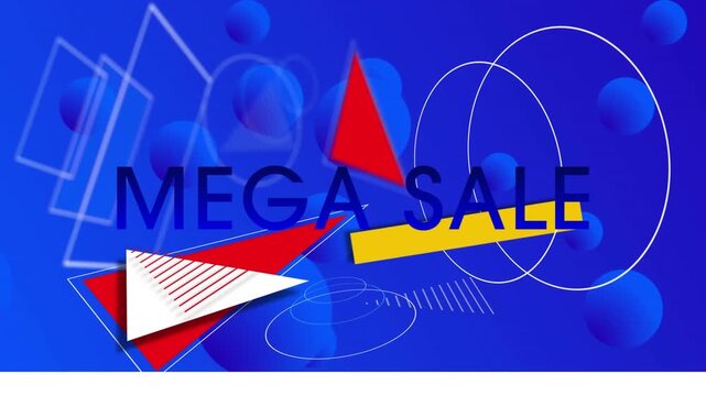 Animation of mega sale text and geometric shapes with circles on blue background
