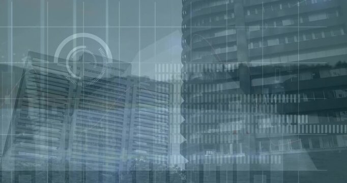Animation of statistical data processing against view of tall building